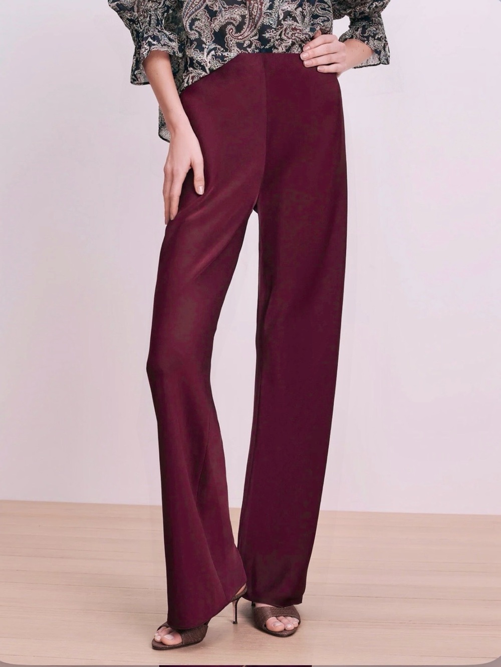 NWT Finity Naturals 100% Silk Satin Wide-Leg Pants in Plum Merlot Burgundy, 6-8
